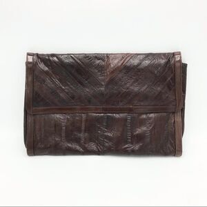 Vintage Brown Eelskin Large Envelope Clutch 70s 80s Eel Skin